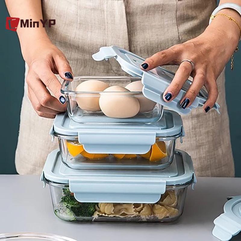 CminoYP 1 / 2 / 3 Lưới Thiên Nhiên Chống Rò Rỉ Lò Vi Sóng An Toàn Thực Phẩm Sắc Nét Cao Borosilicate Thủy Tinh Bento Hộp Có Nắp Hộp Cơm Trưa Kín Hơi Vinh Quang