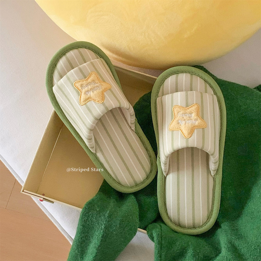 XIXITIAO Dép Vải Lanh Cotton Nhà Phong Cách Mới Phòng Ngủ Họa Tiết Dọc Nữ Xuân Hè Thoải Mái