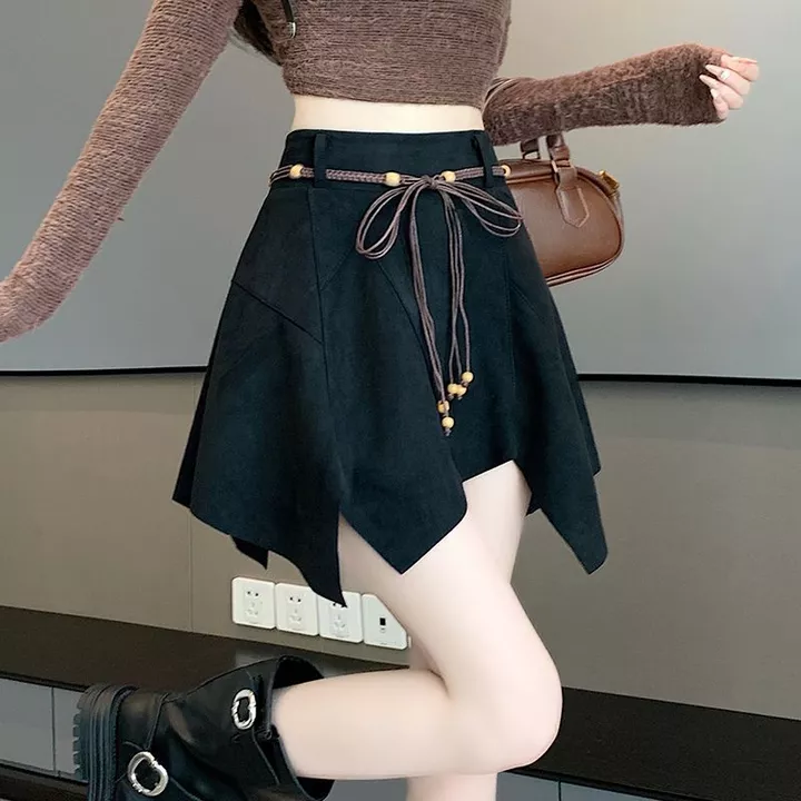 Váy da lộn vintage không đều mùa thu đông mới, váy A-line cao cấp, ôm sát, sexy, đa năng, váy ngắn