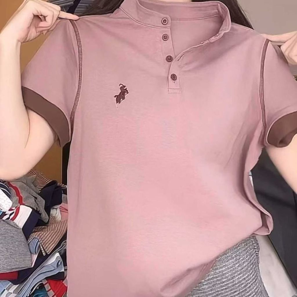 Áo sơ mi Polo thêu tay ngắn màu trơn, thời trang cho nữ