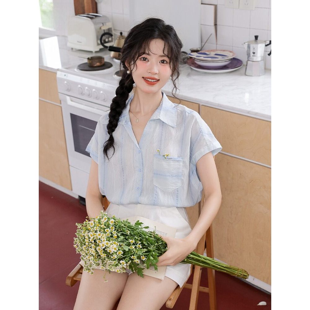 MUTU | Áo sơ mi mỏng không tay sọc kiểu Pháp
