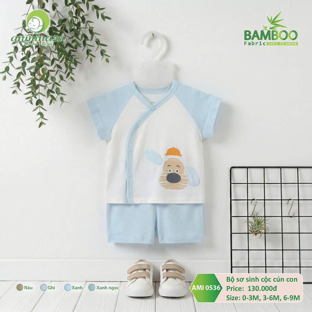 Bộ Sơ Sinh Cộc Cún Con Anminaza Chất Vải Sợi Tre An Toàn Thấm Hút - Hàng Chính Hãng AMI0536