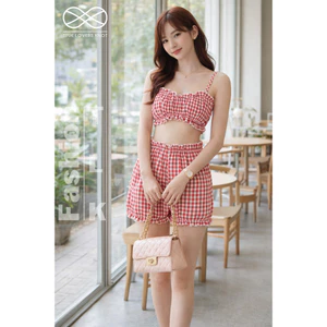 Set Đồ Ngắn Mùa Hè Nữ Áo Bra và Quần Short Kẻ Caro Đỏ S