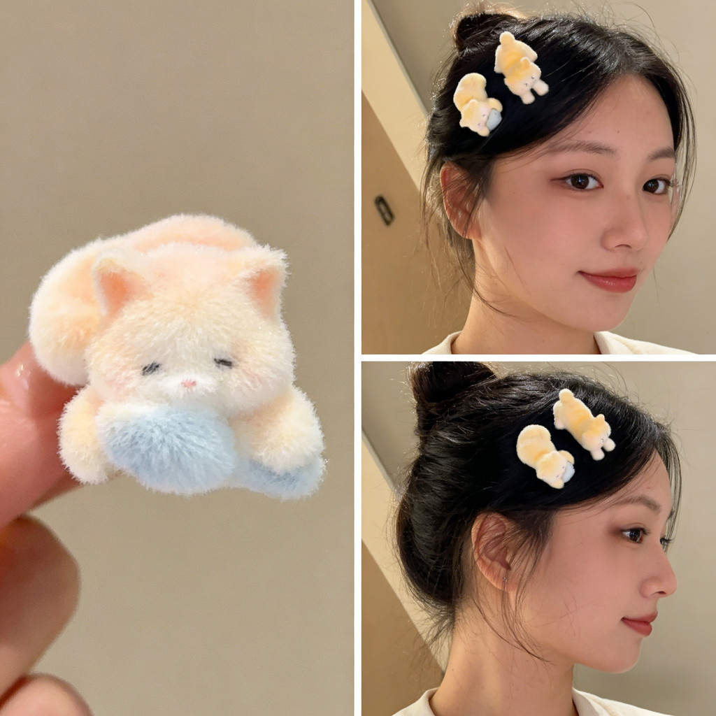 Kawaii Flocking Mèo Kẹp Tóc Thiết Kế Cá Mỏ Vịt Kẹp Nữ Nổ Phụ Kiện Tóc