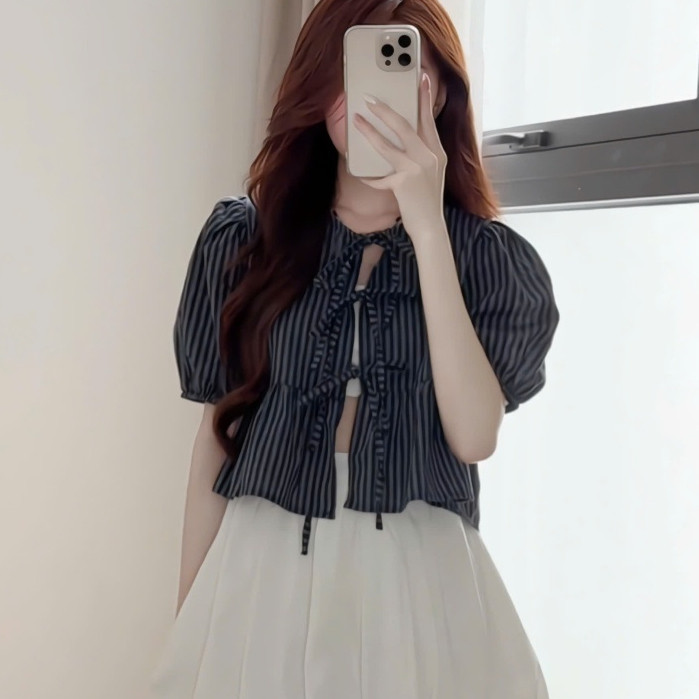 (Tặng kèm áo quây)Áo babydoll kẻ buộc nơ Nana Nana21 A6739 Sài Gòn M6739