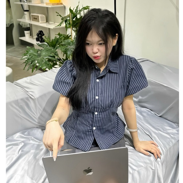 Áo sơ mi kẻ sọc tay bồng A554 chiết eo dễ phối đồ hàng loại 1_Lazy có bigsize