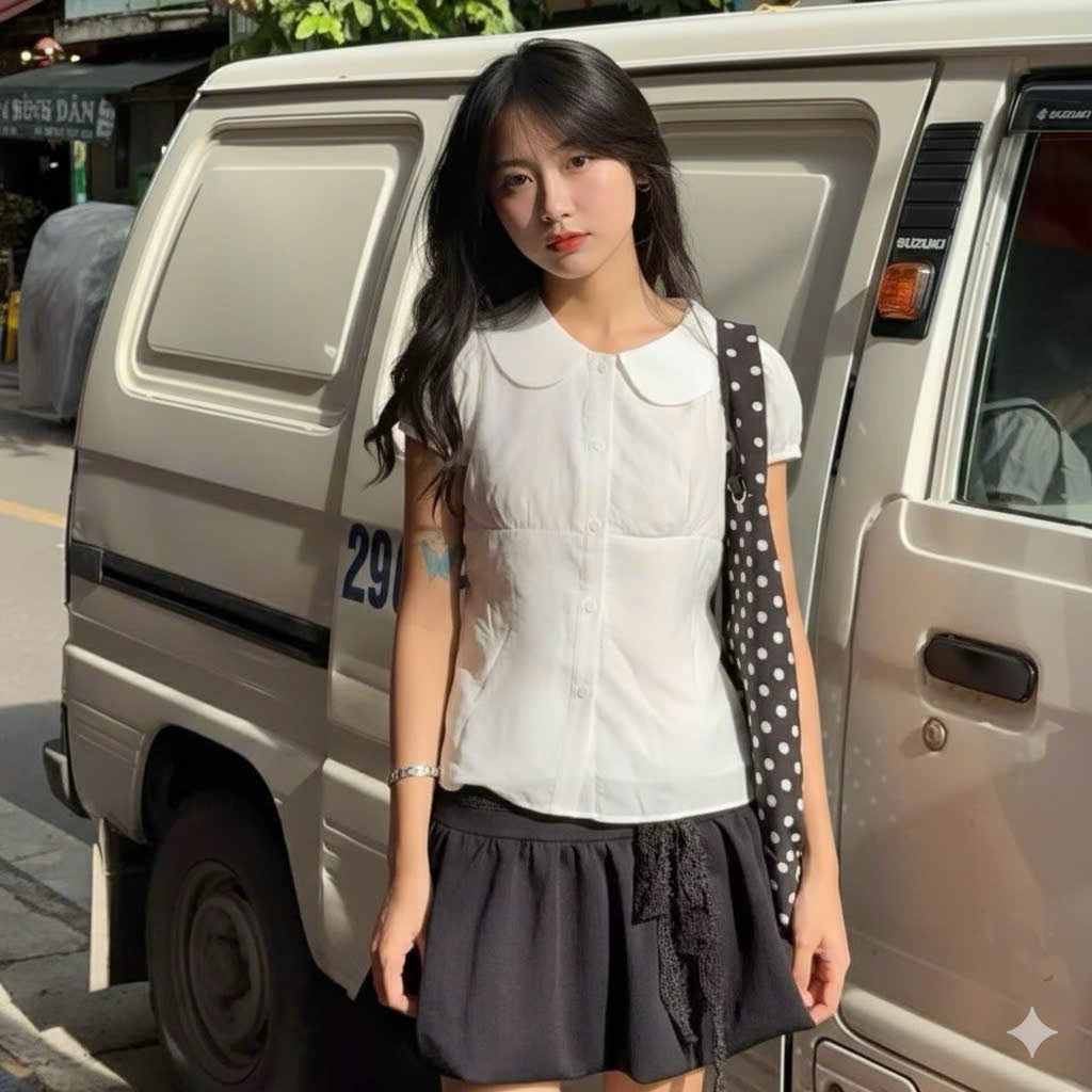 Áo sơ mi công chúa cổ bèo sen tay ngắn búp bê có dây cột eo sau tăng chỉnh SS0363