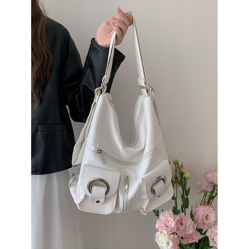 Phiên bản Hàn Quốc đơn giản túi dây kéo màu trắng đa năng dành cho nữ Túi Tote sức chứa lớn PU
