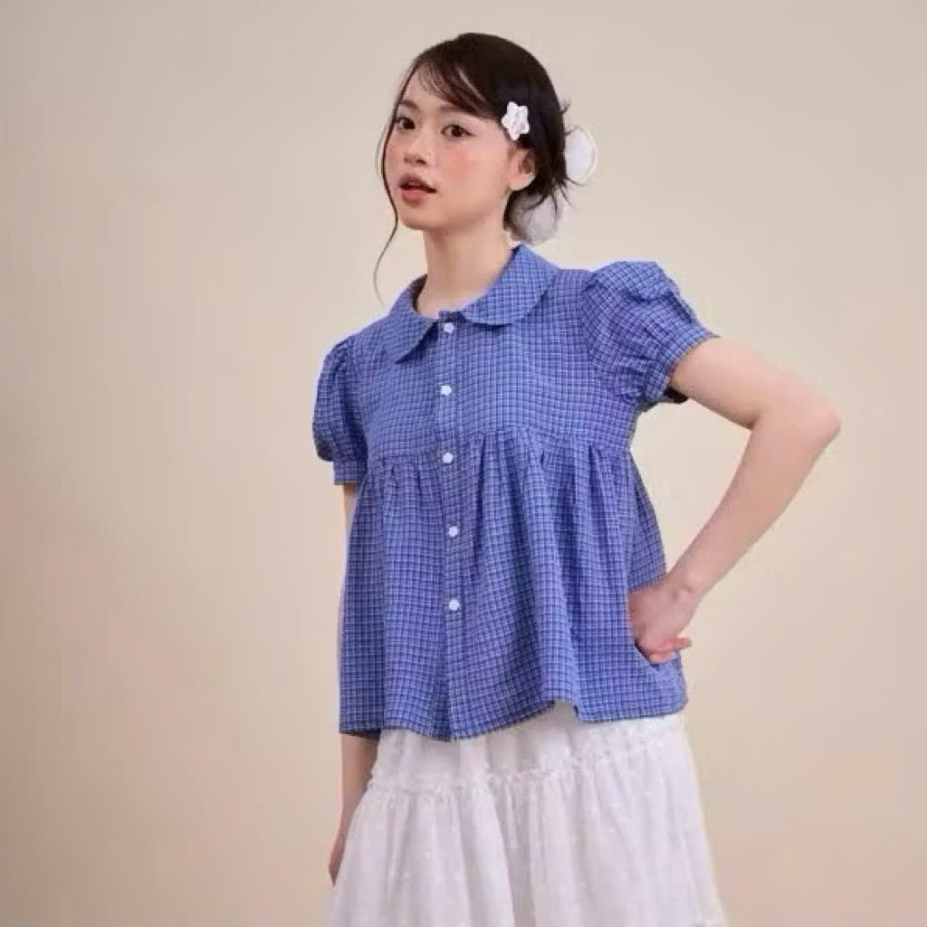 Áo sơ mi babydoll dáng xoè cổ sen chất xô thô siêu xinh đẹp SMR404