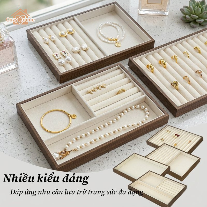 Hộp Đựng Trang Sức Gỗ Óc Chó Khay Trưng Bày Vải Nhung Mềm Bảo Vệ Lưu Trữ Lớn Nhiều Ngăn Retro