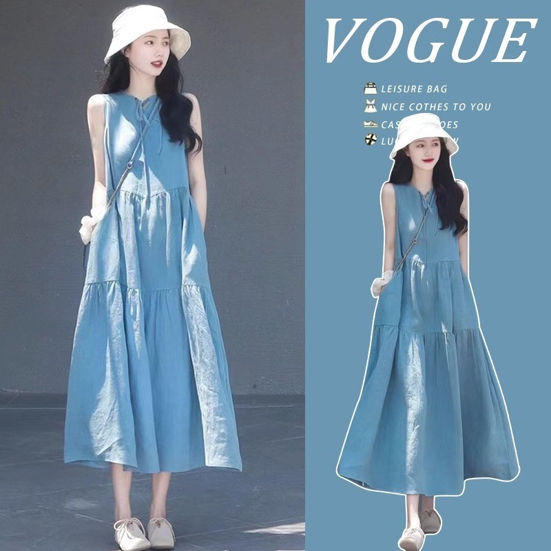 Váy dài nữ mùa hè dáng rộng, giản dị và thanh lịch, không tay, màu xanh trơn, thích hợp mặc đi chơi.