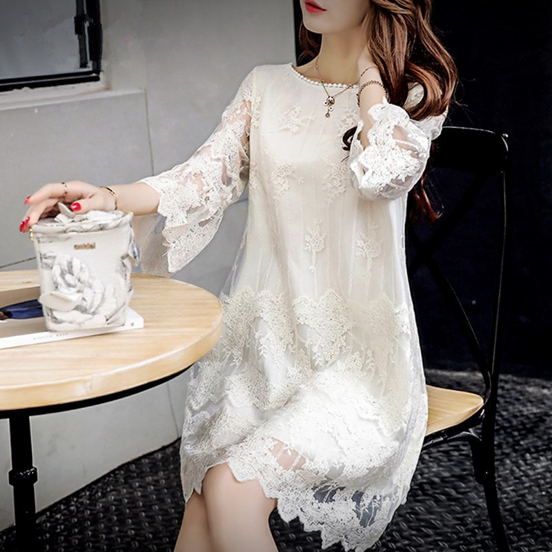 Đầm nữ phong cách Hàn Quốc dáng chữ A, size lớn, tôn dáng, kiểu dáng tiên nữ, đầm ren thêu dài vừa phải, hợp thời trang