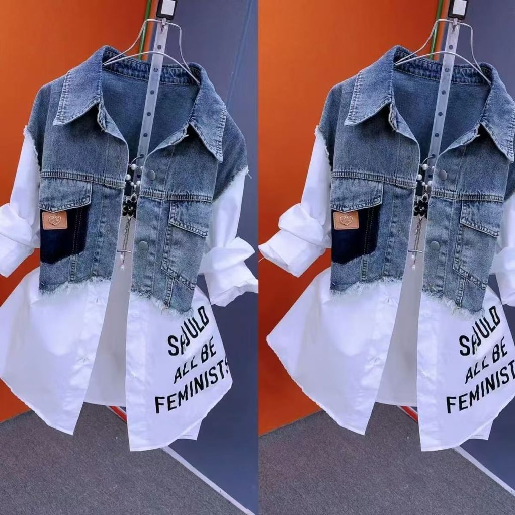 Áo sơ mi denim phong cách vest dáng suông, phiên bản Hàn Quốc