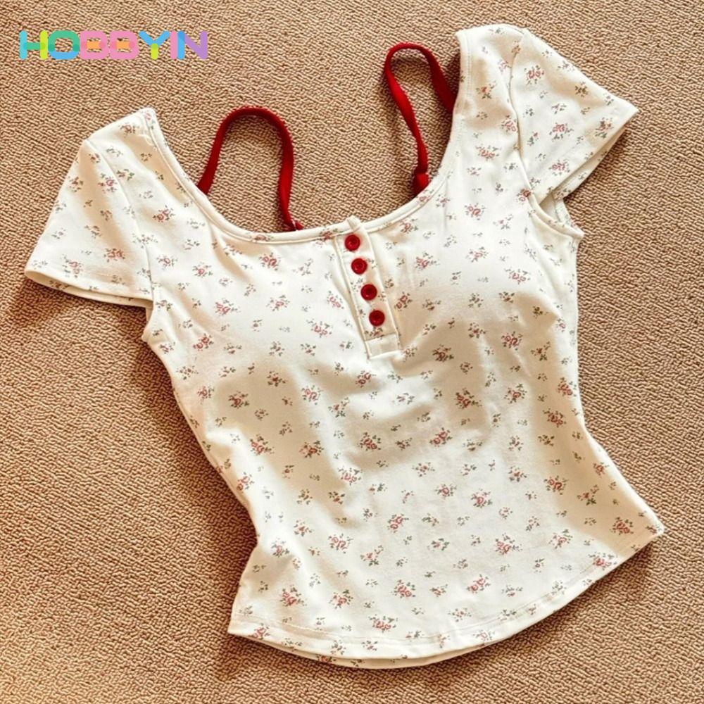 Áo thun nữ HOBBYIN màu sắc tương phản hoa, thiết kế tay ngắn và nút có đệm ngực
