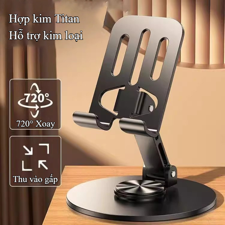 Giá đỡ điện thoại & máy tính bảng kim loại cao cấp, gập gọn, xoay 360° | Chân đỡ bàn bền vững, dùng livestream tiện lợi