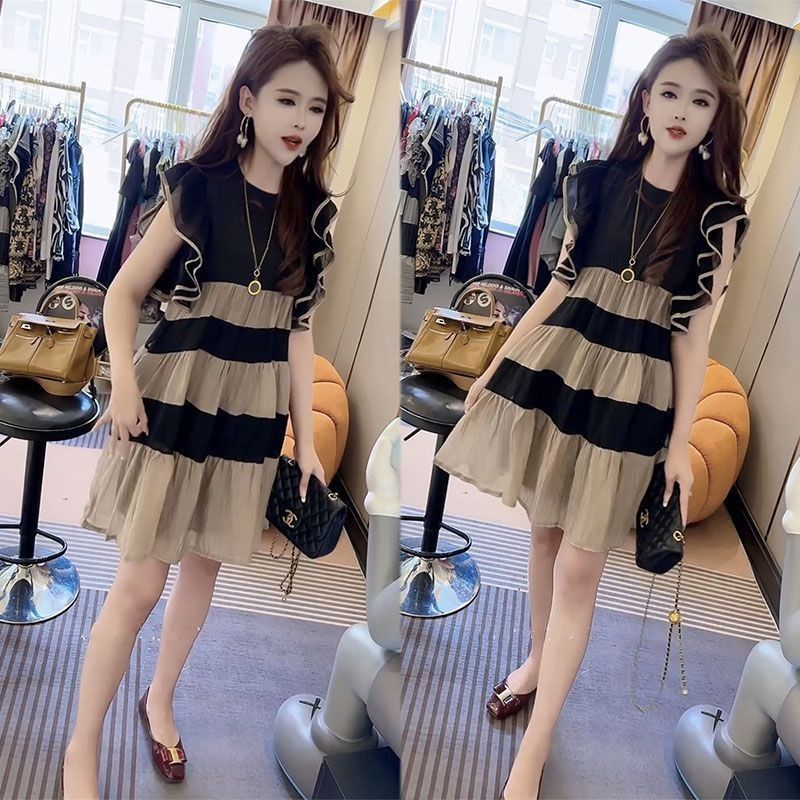Váy Liền Không Tay,Kiểu Tây Trẻ Trung Ngọt Ngào,Mẫu Mới Mùa Hè, Váy Dài Vừa Màu Tương Phản Màu Sọc Thon Gọn Rộng Rãi