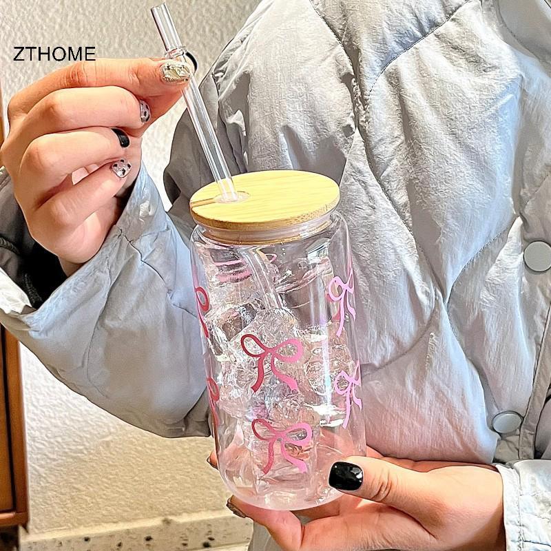 ZTHOME 500ml Nơ Nhựa Cốc Nước Mason Jar Hình Chai Nước Có Nắp Và Ống Hút Cho Đá Cà Phê Nước Uống Cốc Quà Tặng HOT