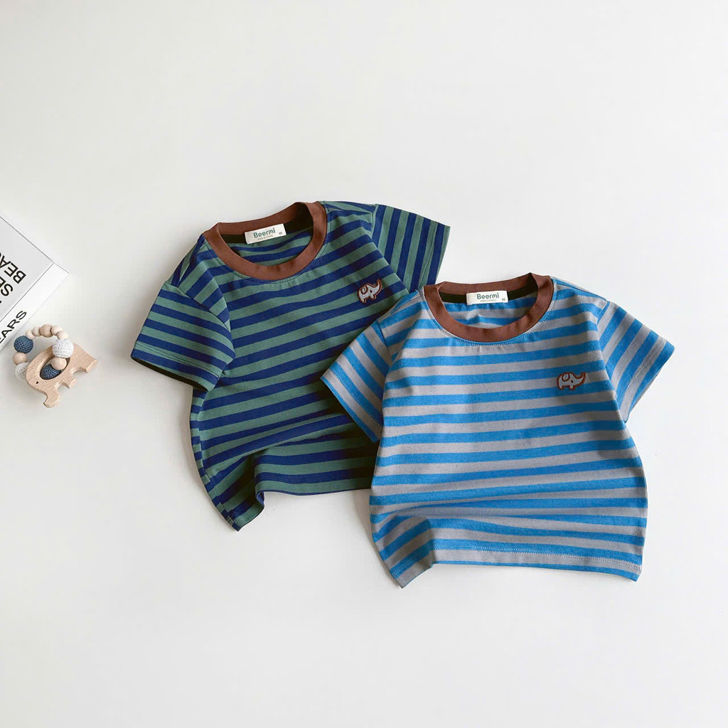 Áo phông cộc tay kẻ sọc Beermi phối viền cổ nổi bật chất liệu cotton 4c mềm mát cho bé 9-28kg