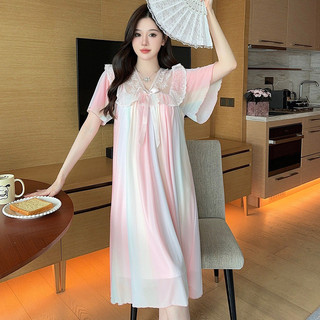 Đầm ngủ mùa hè màu trơn phối ren nơ lưới phong cách công chúa, dài vừa phải mặc nhà dành cho nữ