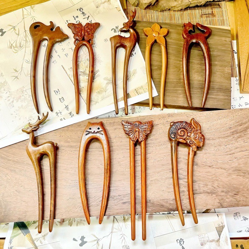 Kẹp tóc hình chữ U cổ lụa vàng gỗ đàn hương - Phụ kiện tóc nữ Hanfu