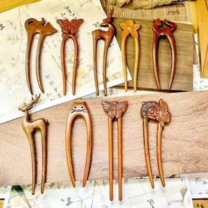 Kẹp tóc hình chữ U cổ lụa vàng gỗ đàn hương - Phụ kiện tóc nữ Hanfu