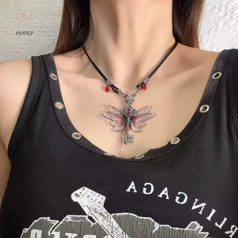 HNKMP Y2K Chuồn Chuồn Chìa Khóa Đỏ Zircon Vòng Cổ Mặt Dây Chuyền Retro Punk Da Hip Hop Choker Hợp Thời Trang Nữ Trang Sức Quà Tặng.