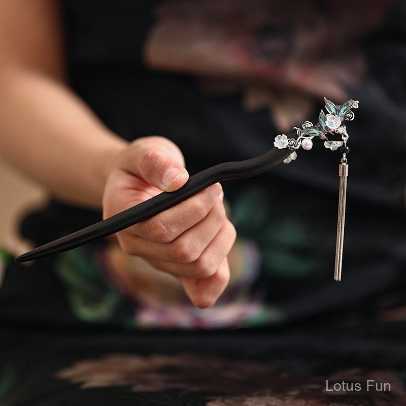 Bướm tua rua kẹp tóc cây mun cổ điển, phụ kiện cho Hanfu