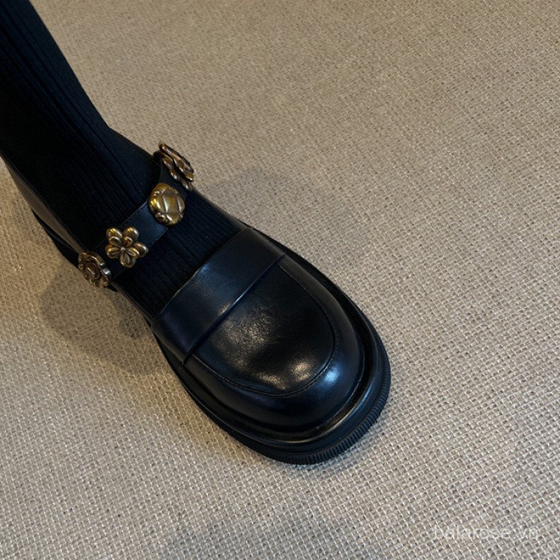 Dày Khóa Kim Loại Co Giãn Giày Bốt Ngắn Retro Phong Cách Đại Học Dệt Kim Mỏng Giày Nữ Đa Năng Loafers Tất Giày Bốt