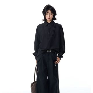 Áo sơ mi polo dài tay thêu, dáng rộng style cổ điển Hàn Quốc