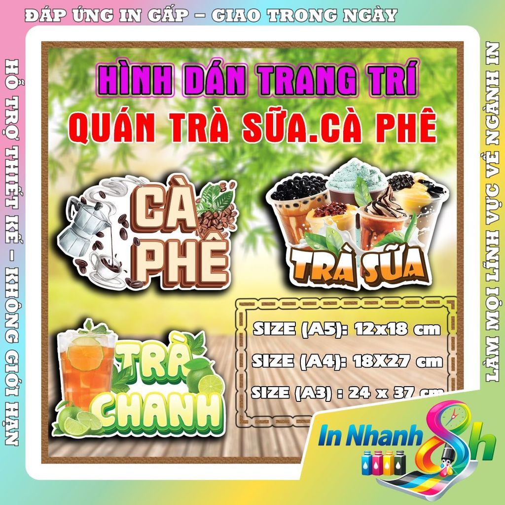 UV DTF Trang Trí Quán Trà Sữa Cà Phê Dán Tường, Kính, Hình Ly, Trà Sữa, Sinh Tố, Trà Tắc, Trà Đào, Trà Trái Cây