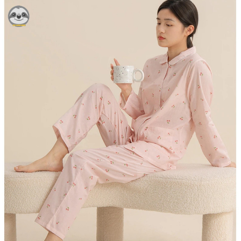 Quần dài tay anh đào cotton nguyên chất dành cho nữ Đồ ngủ / Gạc cotton hai lớp Mặc cha mẹ và con cái / Thoải mái mềm mại có thể mặc Bộ đồ ngủ bên ngoài / Mồ hôi thoáng khí chất lượng cao @