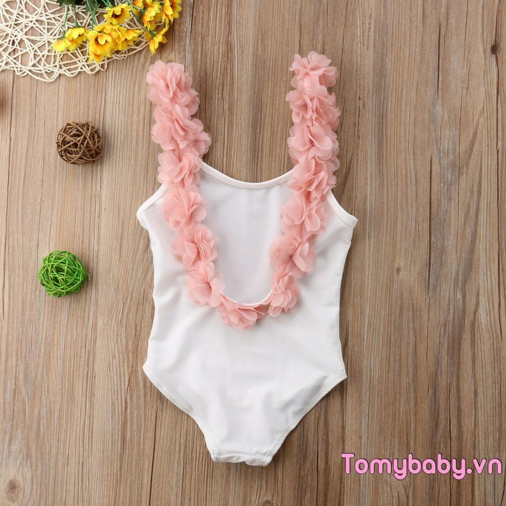 Bộ đồ bơi một mảnh cho bé gái Đồ bơi hở lưng có dây đeo vai hoa Bộ đồ tắm màu trơn