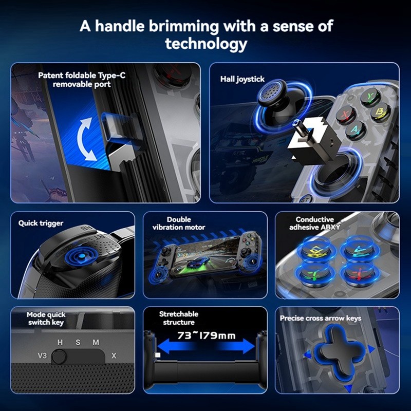 D6 Mini Tay Cầm Chơi Game Kéo Dài Điều Khiển Chơi Game Cho Android Điện Thoại Di Động PC Máy Tính Bảng Hiệu Ứng Hall Cần Điều Khiển Có Thể Gập Lại Cổng Type-C