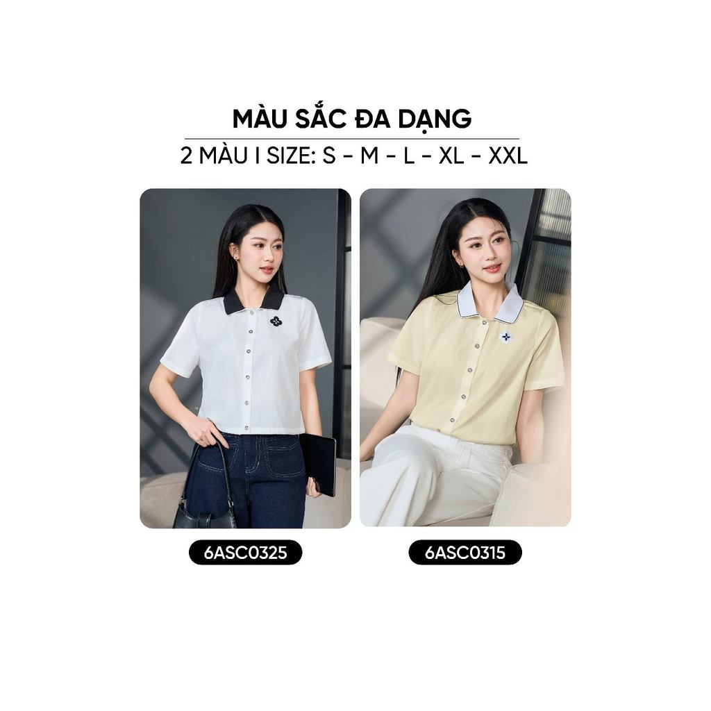 Áo sơ mi nữ CARDINA chất thô gió tay cộc gấu rút phối cổ 6ASC03