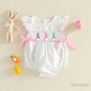 Bé Gái Phục Sinh Romper Màu Hồng Gingham Ruffle Flutter Tay Smocked Bunny Bow một mảnh