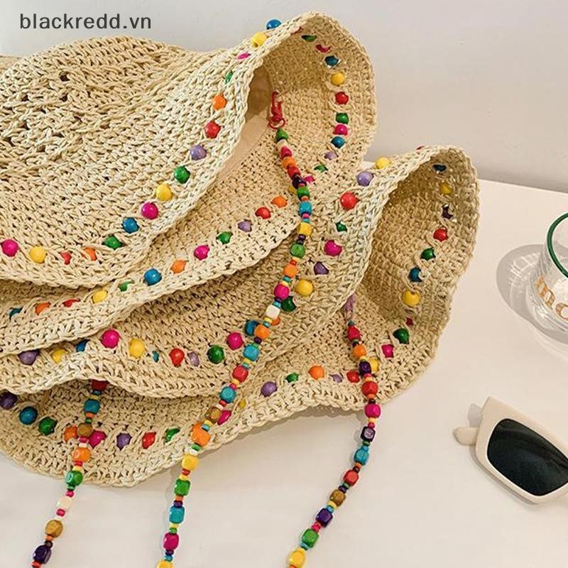 Mũ rơm hạt gỗ đầy màu sắc thời trang BRED dành cho nữ vào mùa hè với vành rỗng lớn Mũ chống nắng Mũ