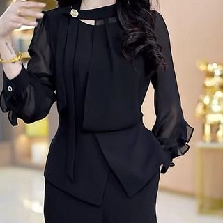 Set bộ nữ thanh lịch sang trọng,áo voan tay dài thời trang,Phong cách công sở thanh lịch,Phù hợp đi làm, đi tiệc