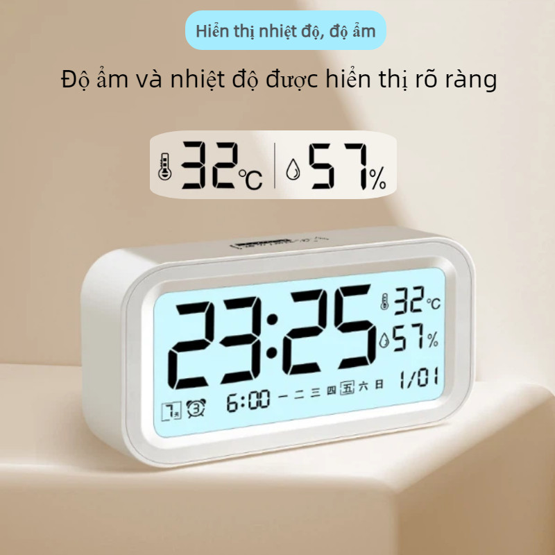 Đồng hồ báo thức LED màn hình lớn đo nhiệt độ độ ẩm - đèn ngủ điều chỉnh, pin trâu cho phòng ngủ