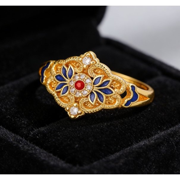 Thời trang mới cho nữ với nhẫn kiểu dáng Trung Quốc, họa tiết hoa và đá zircon sang trọng