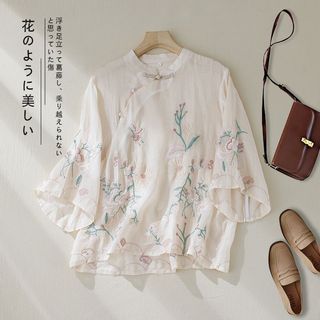 Áo sơ mi nữ đứng cổ phong cách retro, thêu nút trà, mát mẻ mùa hè