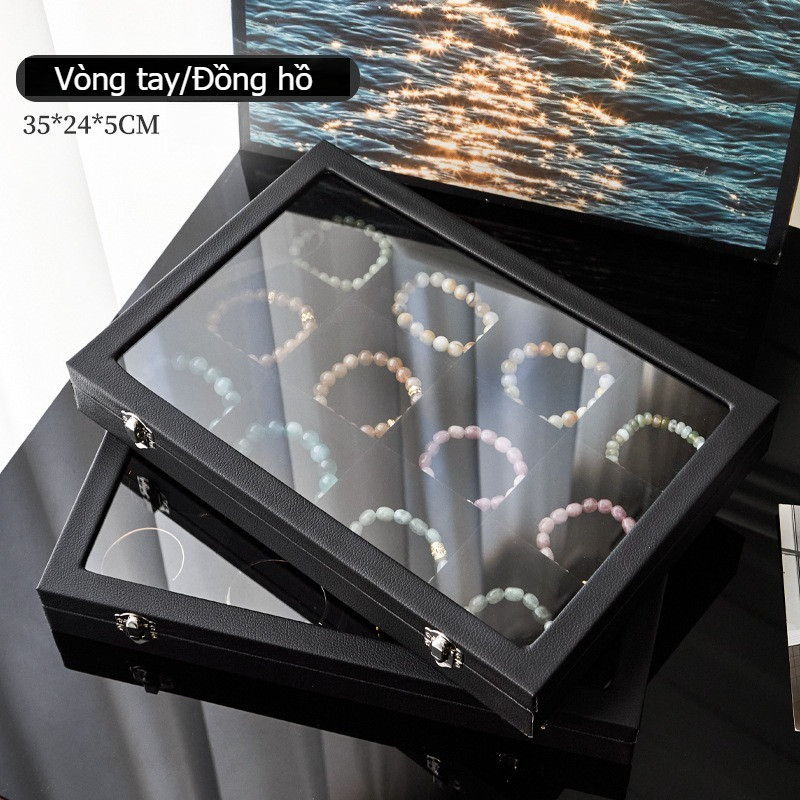 Hộp Bảo Quản Trang Sức Chống Oxy Hóa, Kính Dày Trong Suốt, Nhung, Đựng Vòng Tay Nhẫn Dây Chuyền
