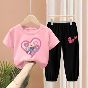 Bộ trang phục trẻ em hoạt hình tình yêu Bộ áo thun ngắn tay và quần dài Đồ họa dễ thương Đồ chơi hàng ngày thông thường