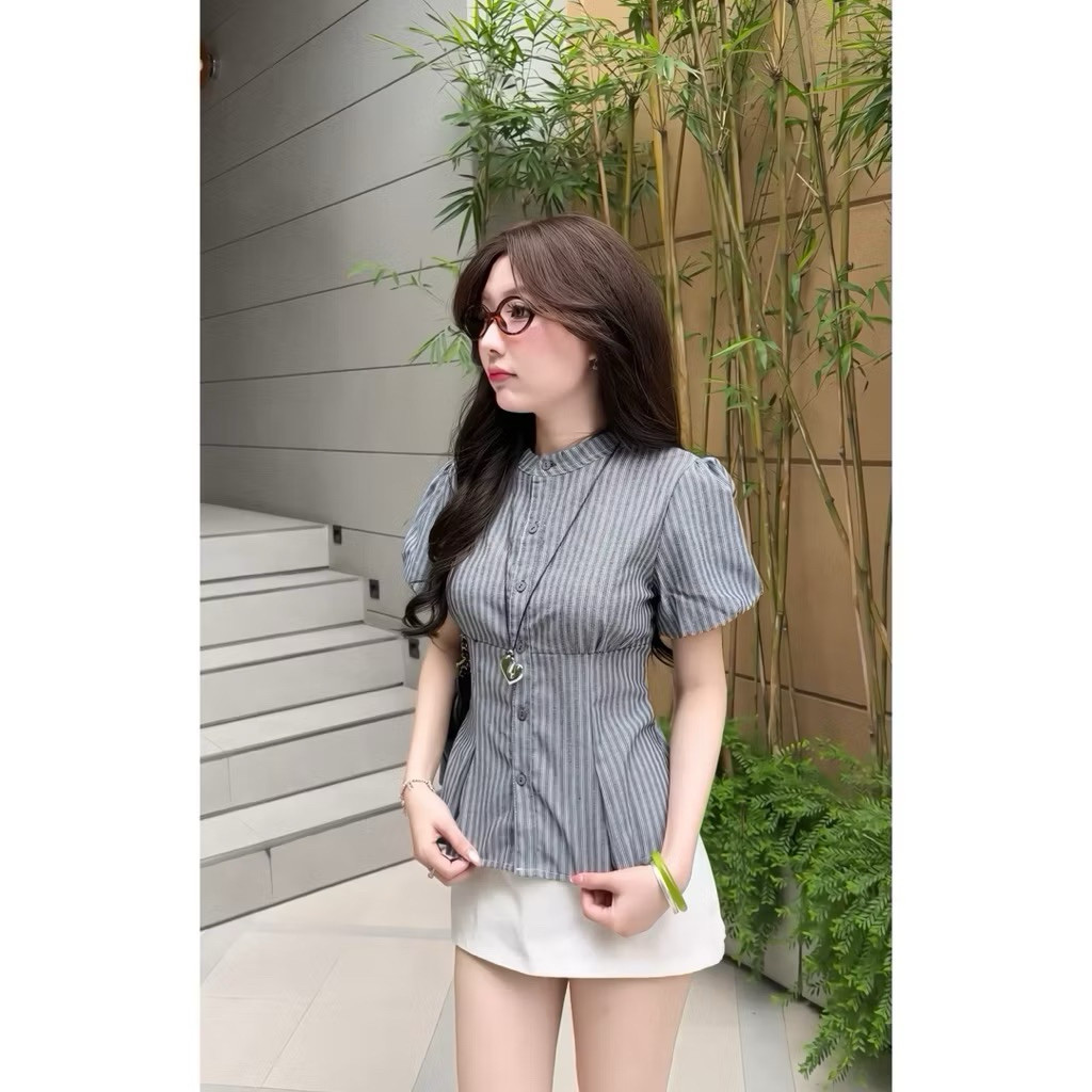 Áo sơ mi cổ tàu KENCO chiết eo kẻ linen xinh tay phồng - A9067