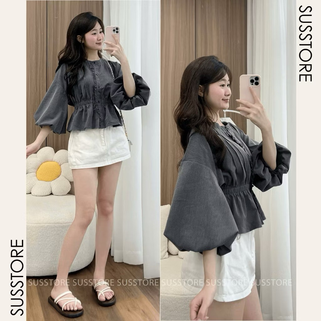 Áo Sơ Mi Xếp Li Trước Cúc Dọc Viền Bèo Chun Eo Tay Bồng A7216