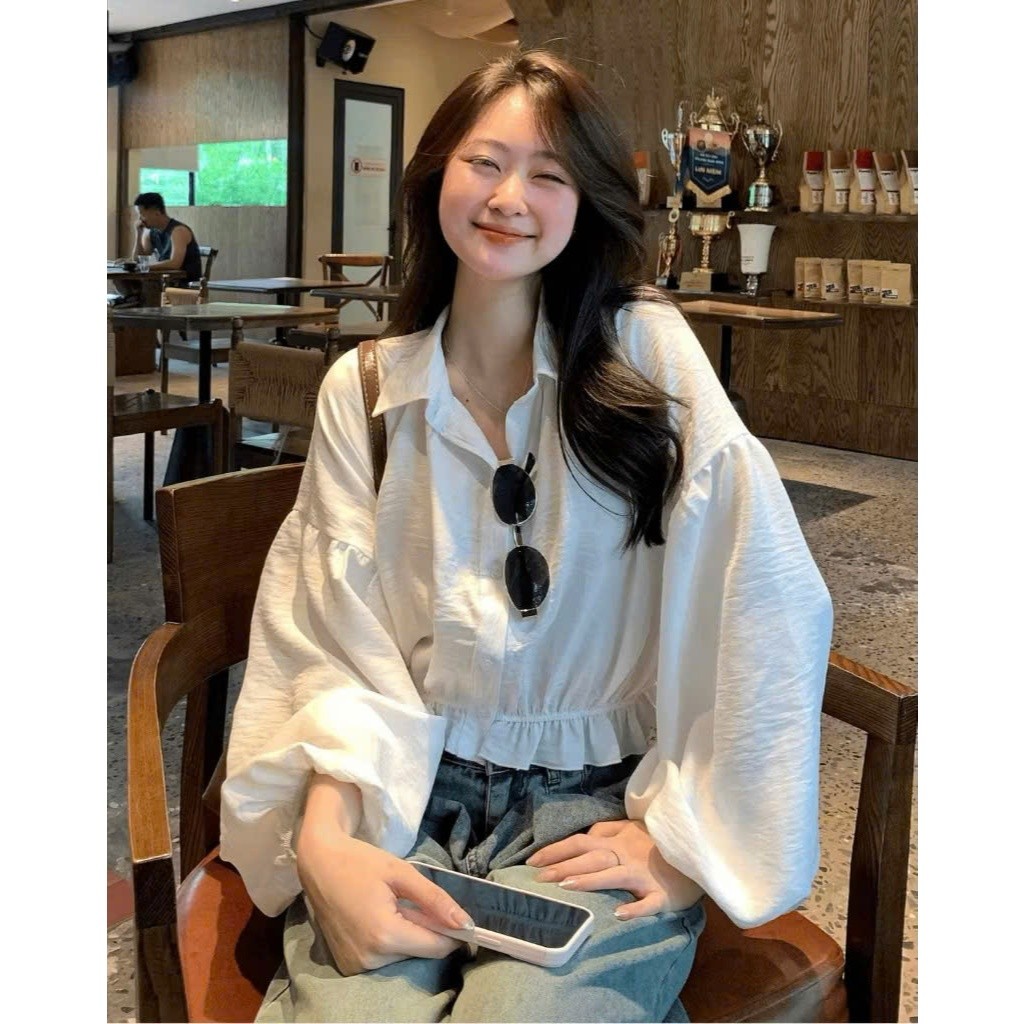 Áo Sơ Mi A154555 Dáng Croptop Tay Dài Bồng Chun Dưới Trẻ Trung Style Thu Đông_Lazy Có Bigsize