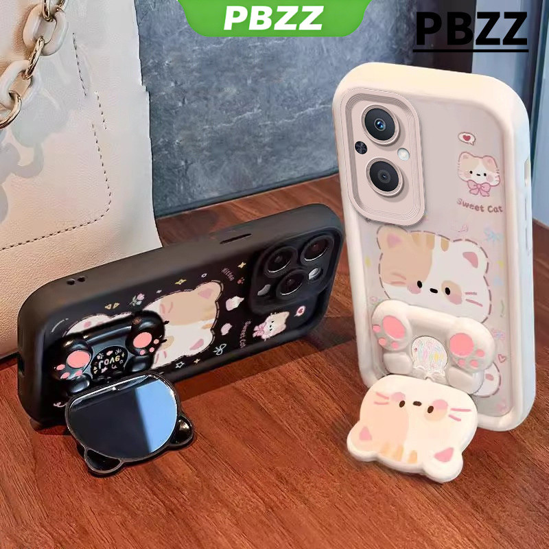 Ốp Lưng PBZZ Cho OPPO Reno 7Z 5G RENO 7 Z 5G Reno 8z 5g reno 7 4g Vỏ Điện Thoại Vỏ Mềm Thiết Kế Mới Thẩm Mỹ Gương Trang Điểm Mèo Dễ Thương Có Giá Đỡ & Dây Buộc Cho Bé Trai Đen JTDTMZJ