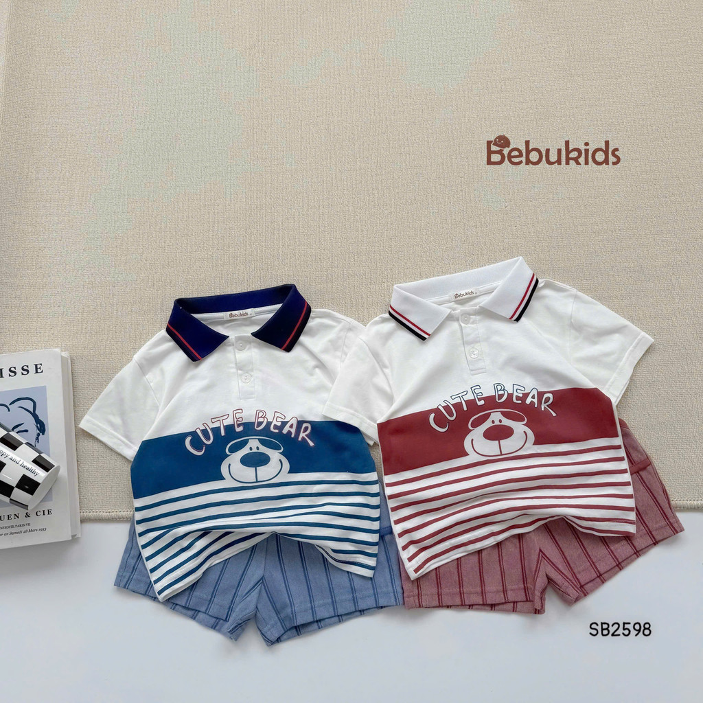 Set polo cổ dệt Cute Bear Bebukids chất liệu cotton 2 chiều cho bé trai 8-21kg