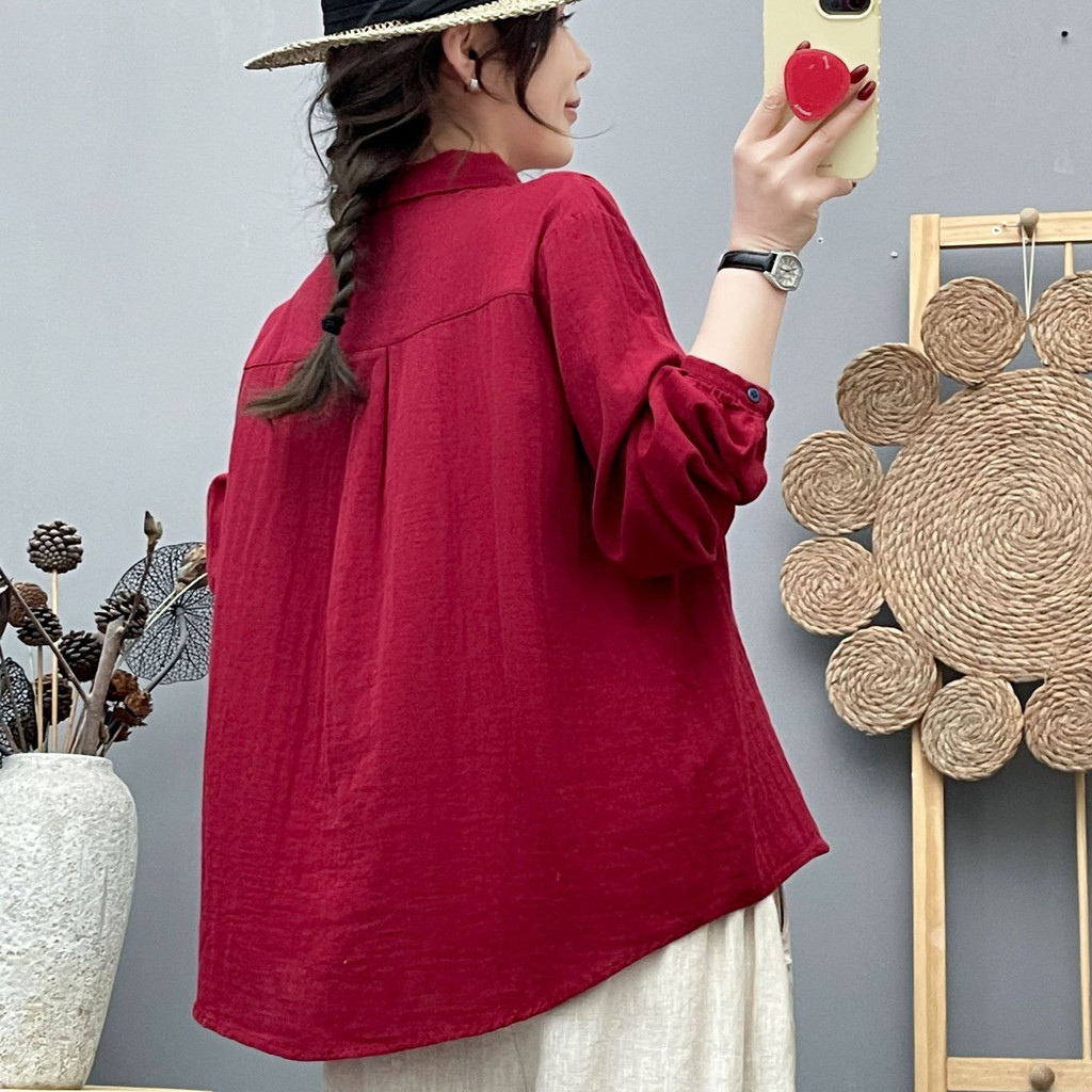 [Hàng có sẵn] Áo sơ mi nữ 100% cotton chất lượng cao, retro art, thiết kế thoải mái với túi và chi tiết thêu pony
