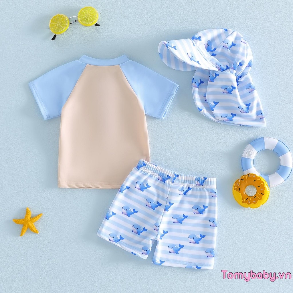 Bộ 3 Đồ Bơi Tập Đi Áo Tay Ngắn + Quần Short Sọc In Hình Cá Voi + Mũ Rash Guard Bộ Đồ Tắm