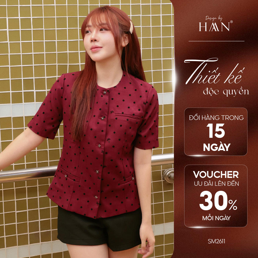 Áo Sơ Mi Nữ Màu Kem/Đỏ Mận Cổ Tròn Họa Tiết Chấm Bi Dịu Dàng HAAN DESIGN SM2611